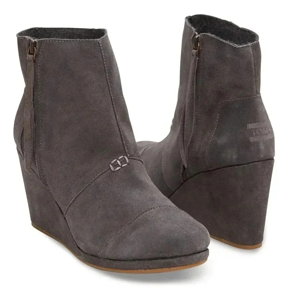 Toms Dark Gray Suede High Desert Wedge Booties